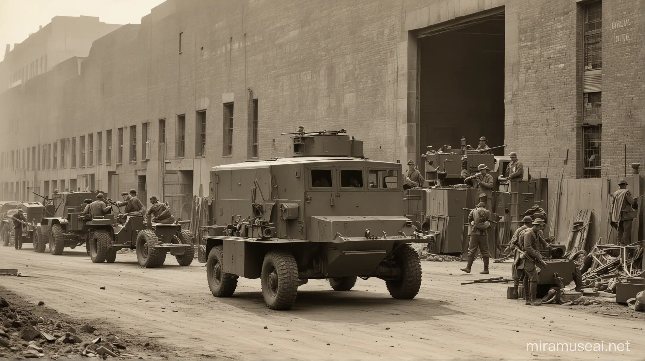 Galpão com uma camionete blindada equipada com uma metralhadora de grosso calibre, e militares observando os operadores trabalhanndo. Ano de 1914 fotografia 
