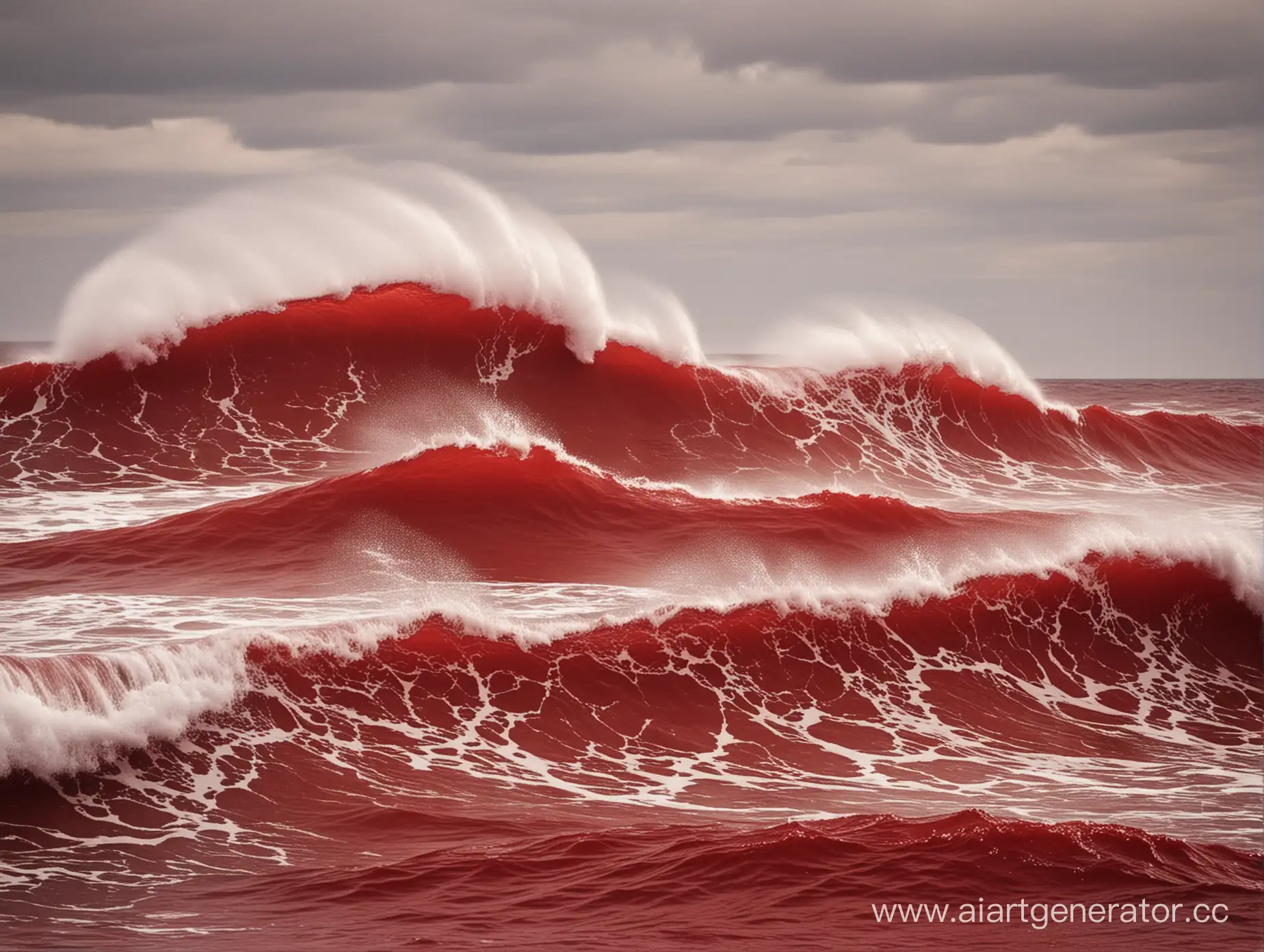 Vibrant-Red-Waves-Crashing-on-Rocky-Shoreline