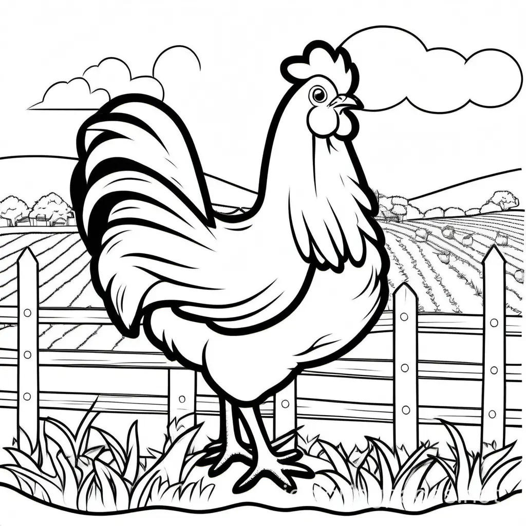 A chicken on farm, Coloring Page, black and white, line art, white background, Simplicity, Ample White Space. The background of the coloring page is plain white to make it easy for young children to color within the lines. The outlines of all the subjects are easy to distinguish, making it simple for kids to color without too much difficulty