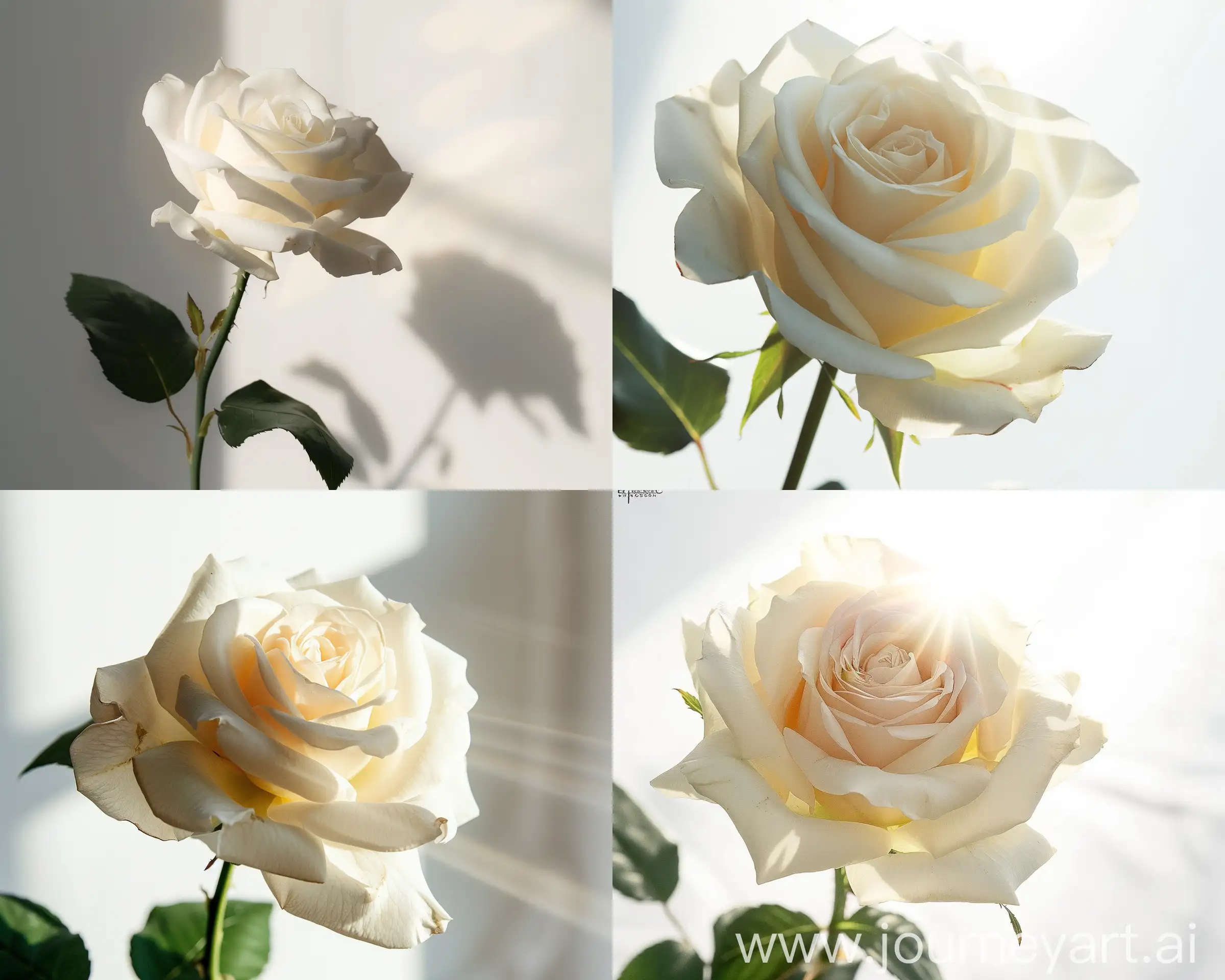 A white rose with sun rays touching it, white background, aesthetic --style raw --v 6 --ar 20:16