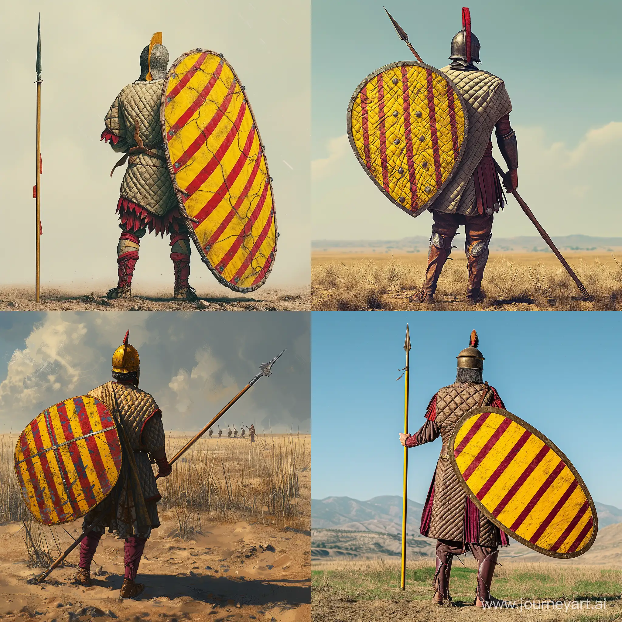 Achaemenid Sparabara soldier at battle field. Wearing quilted linen cuirass. Equipping large yellow-red striped rectangle shield and a long spear. Realistic image.