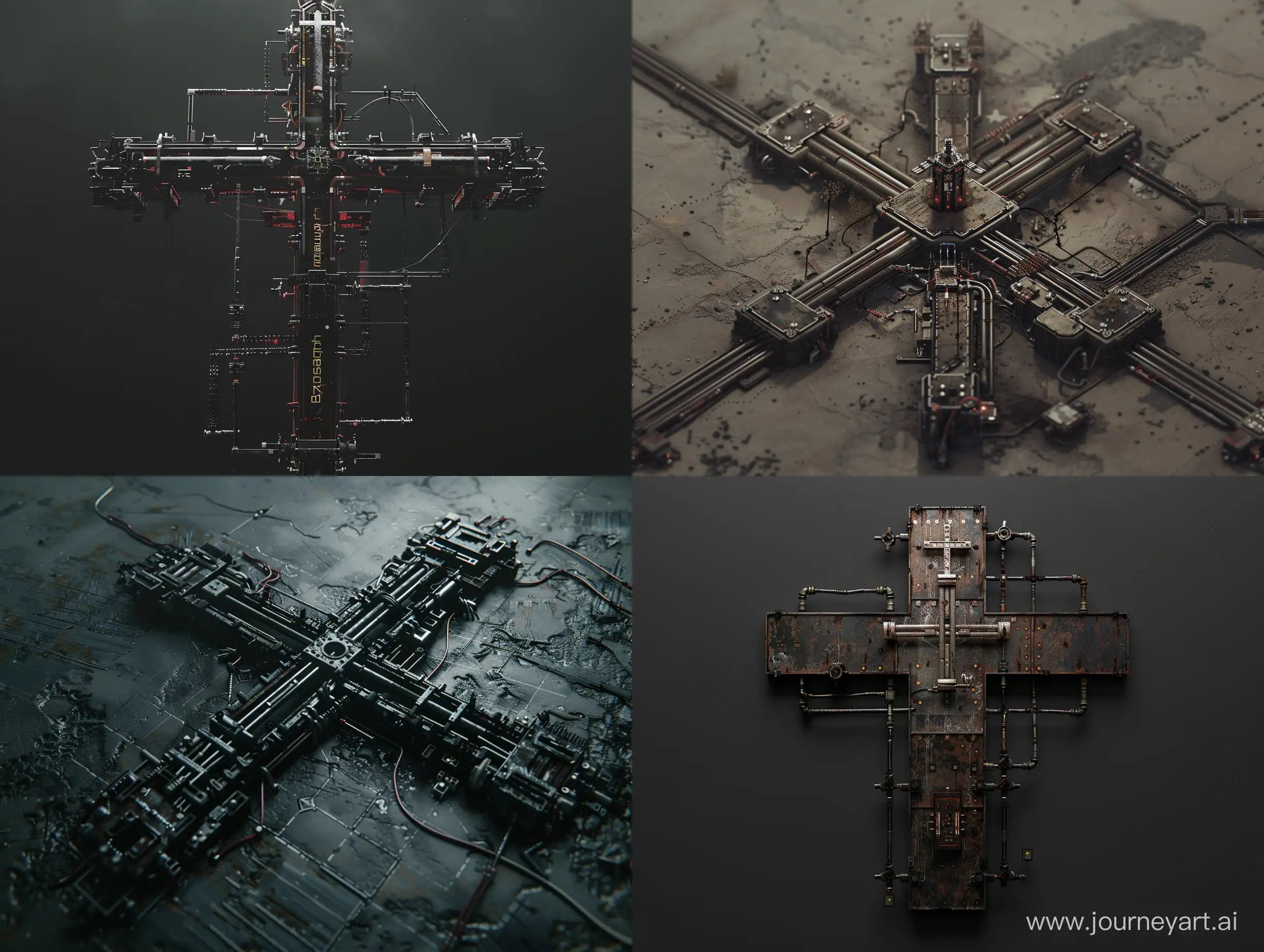 front view concepts of thin long cyberpunk church cross. made of metal parts, thin iron pipes and wires. Noir. A map of sprites. minimalism. post-apocalypse, brutalism. 8k. photorealism, unreal engine