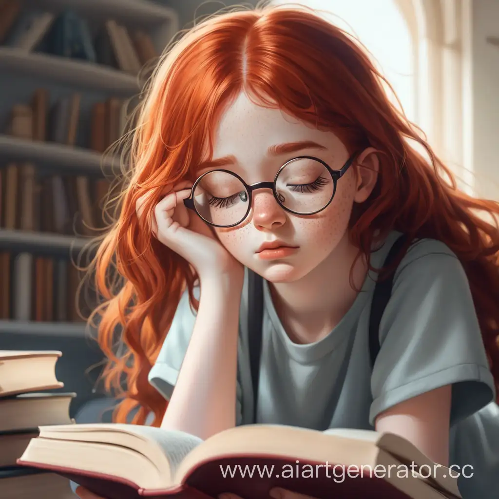 Рыжая девушка в очках с веснушками грустная читает книгу