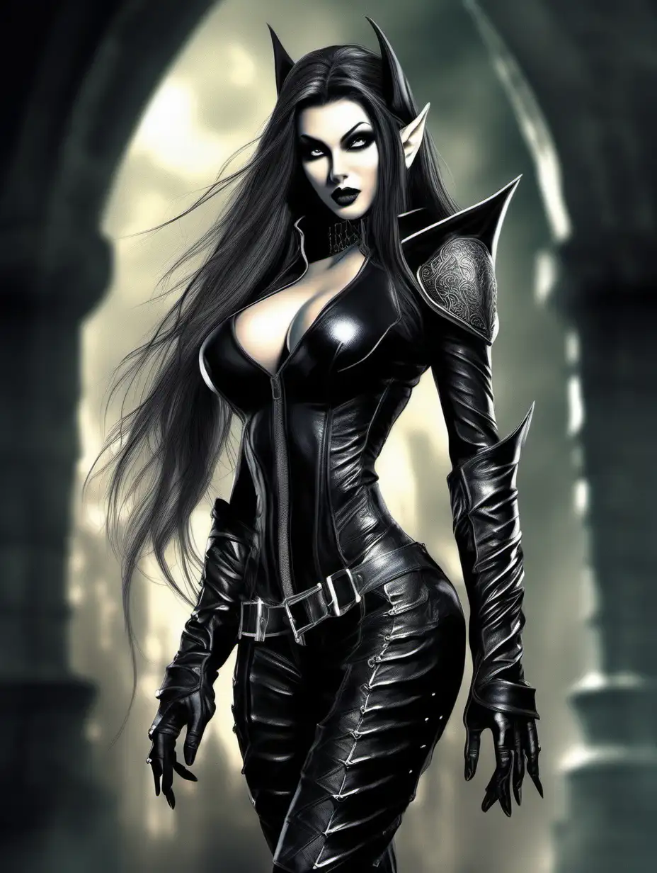 Sexy evil she elf in a detailed fantasy style with big sharp teeth, curvy body with a really pretty face, wearing a black very tight leather catsuit toning her curves with very few armour, really pretty with very long straight hair in a detailed fantasy style 