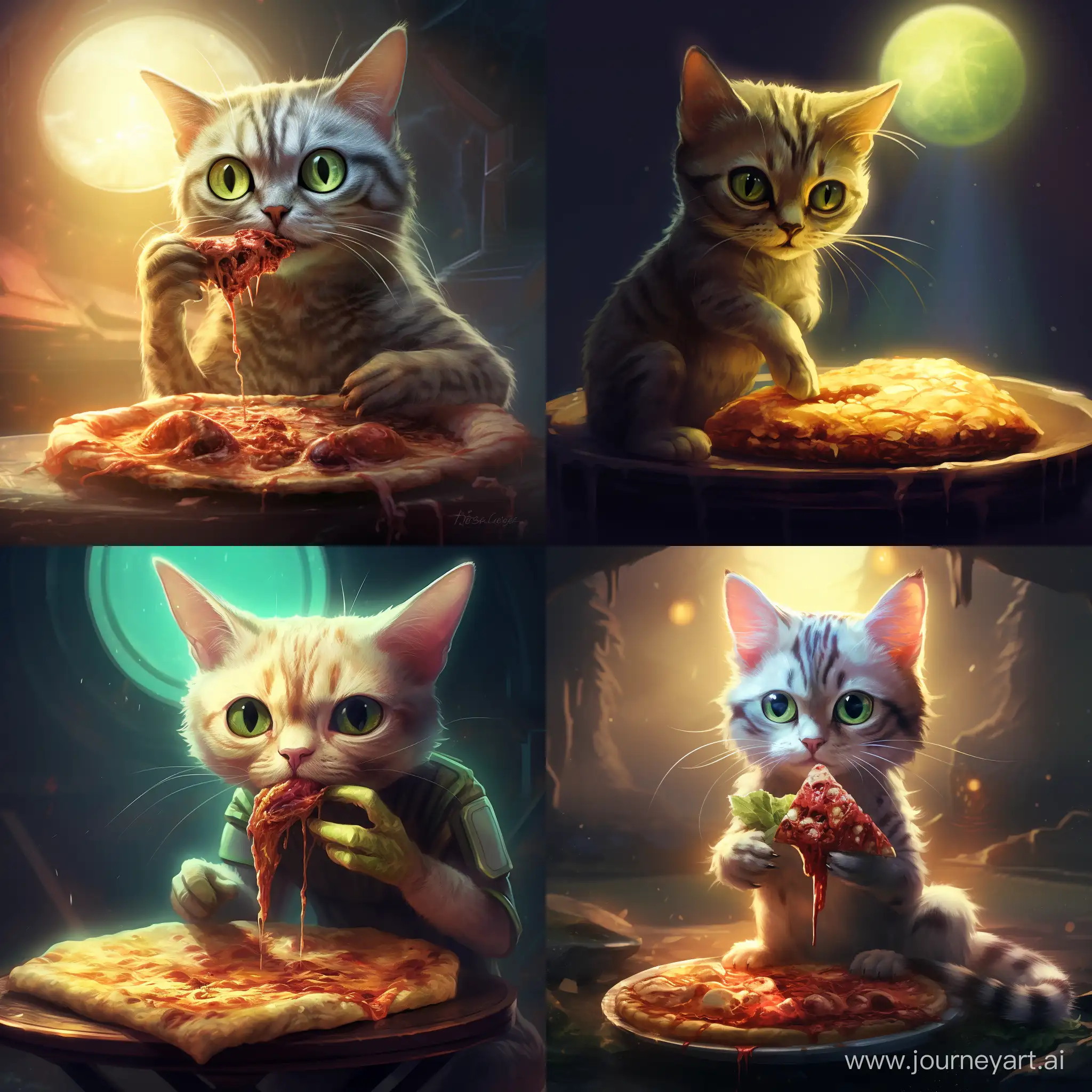 an alien eating pizza with a cat, high quality