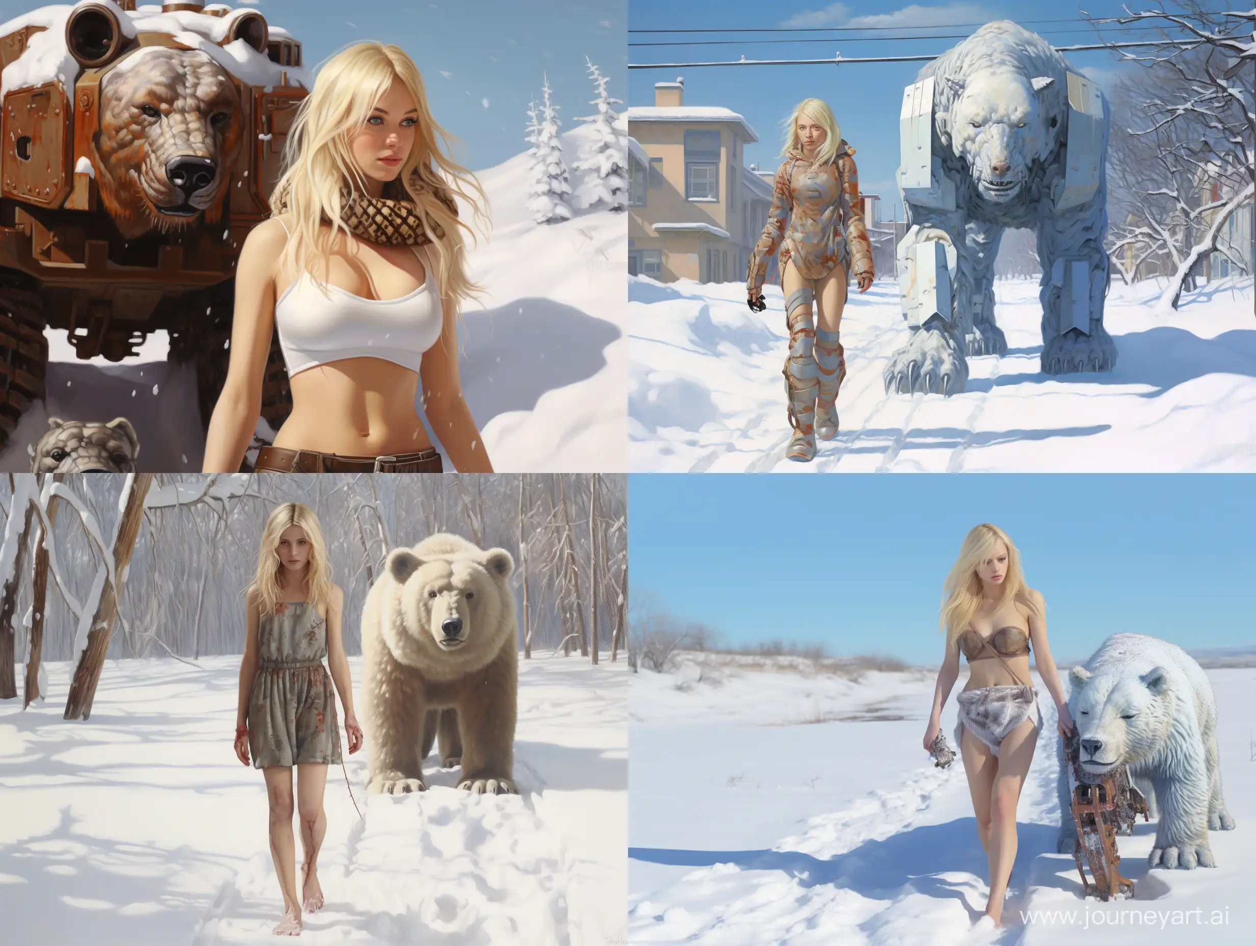 Blonde-Woman-Walking-with-RobotBear-in-Siberian-Winter-Snowscape