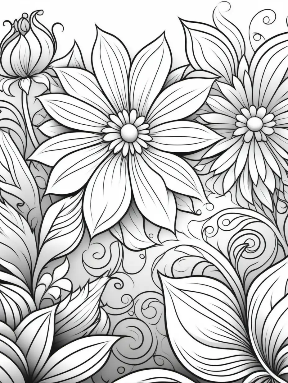 coloring page, artistic floral, black and white, white background, no shading, simple design, digital art, edge to edge, fill the page