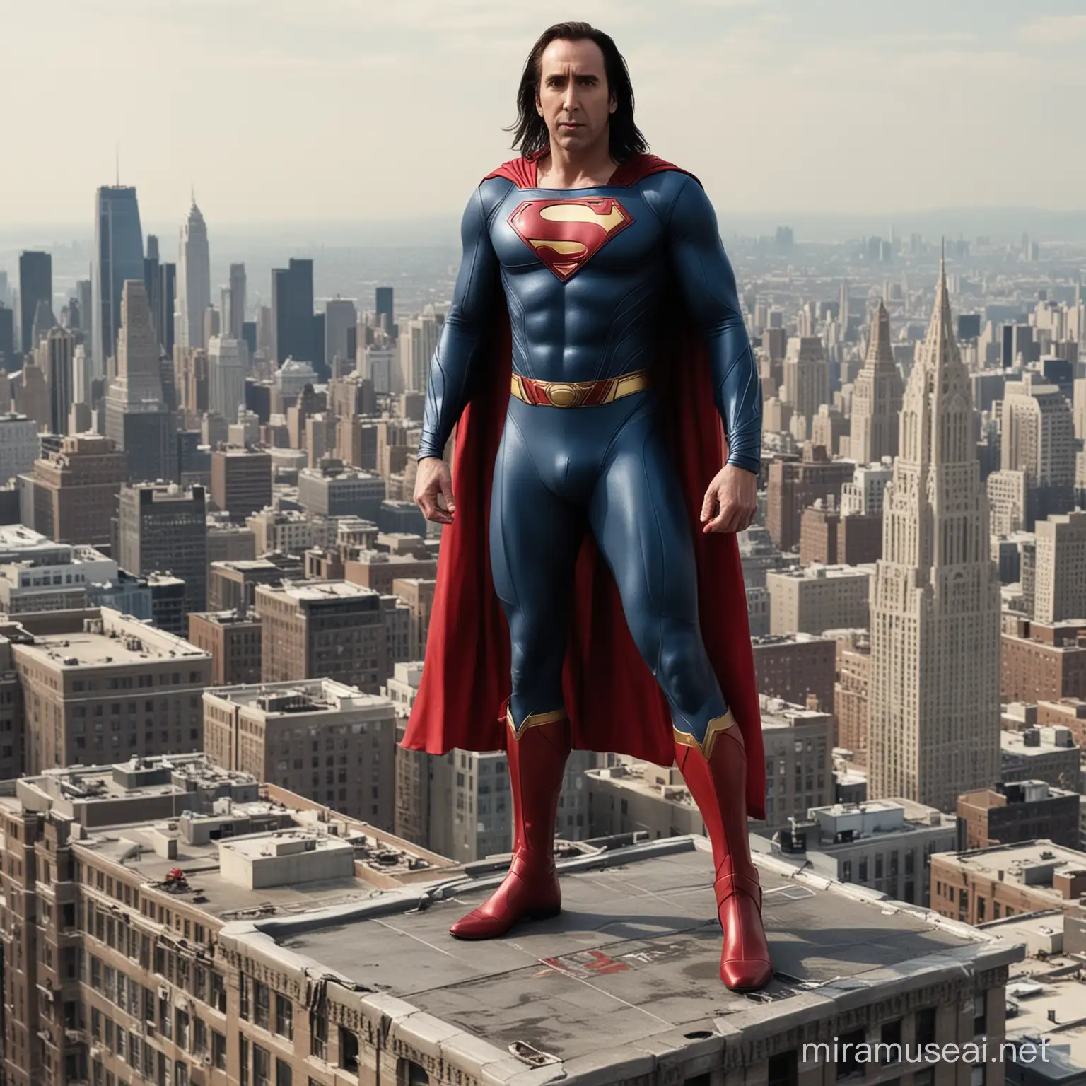 Nicolas Cage with long dark hair as Superman wearing a rubber Superman suit, Tim Burton's Superman, standing on top of a building with the Daily Planet building in the background, show his whole body, head to toe view, Superman suit made of rubber  