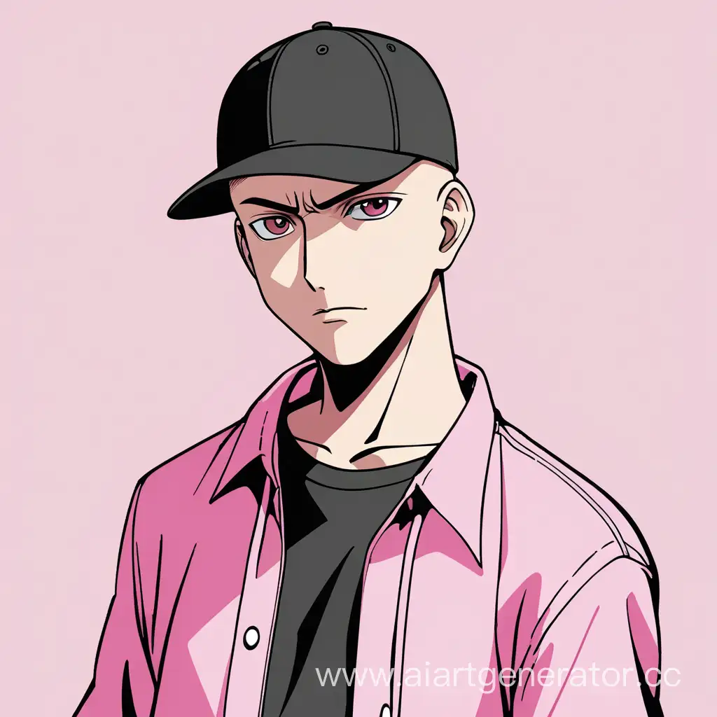 аниме парень в черной кепке, лысый, в розовой майке, мультик
