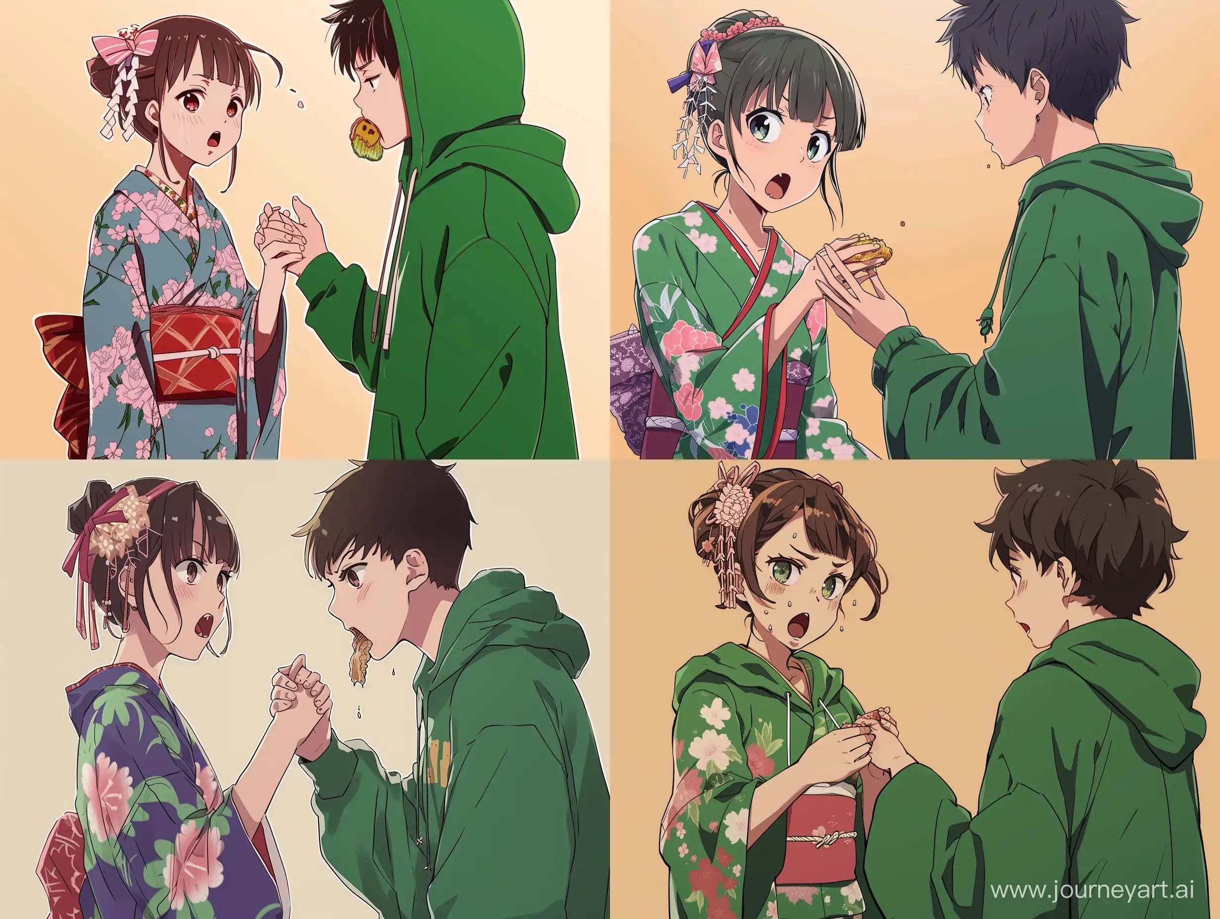 an anime scene, a girl in kimono hold hand a 18 years old boy in green hoodie, she is very moved, her mouth is eating chewing, the girl eyes are sparkling, cute, plain cute background  --ar 4:3