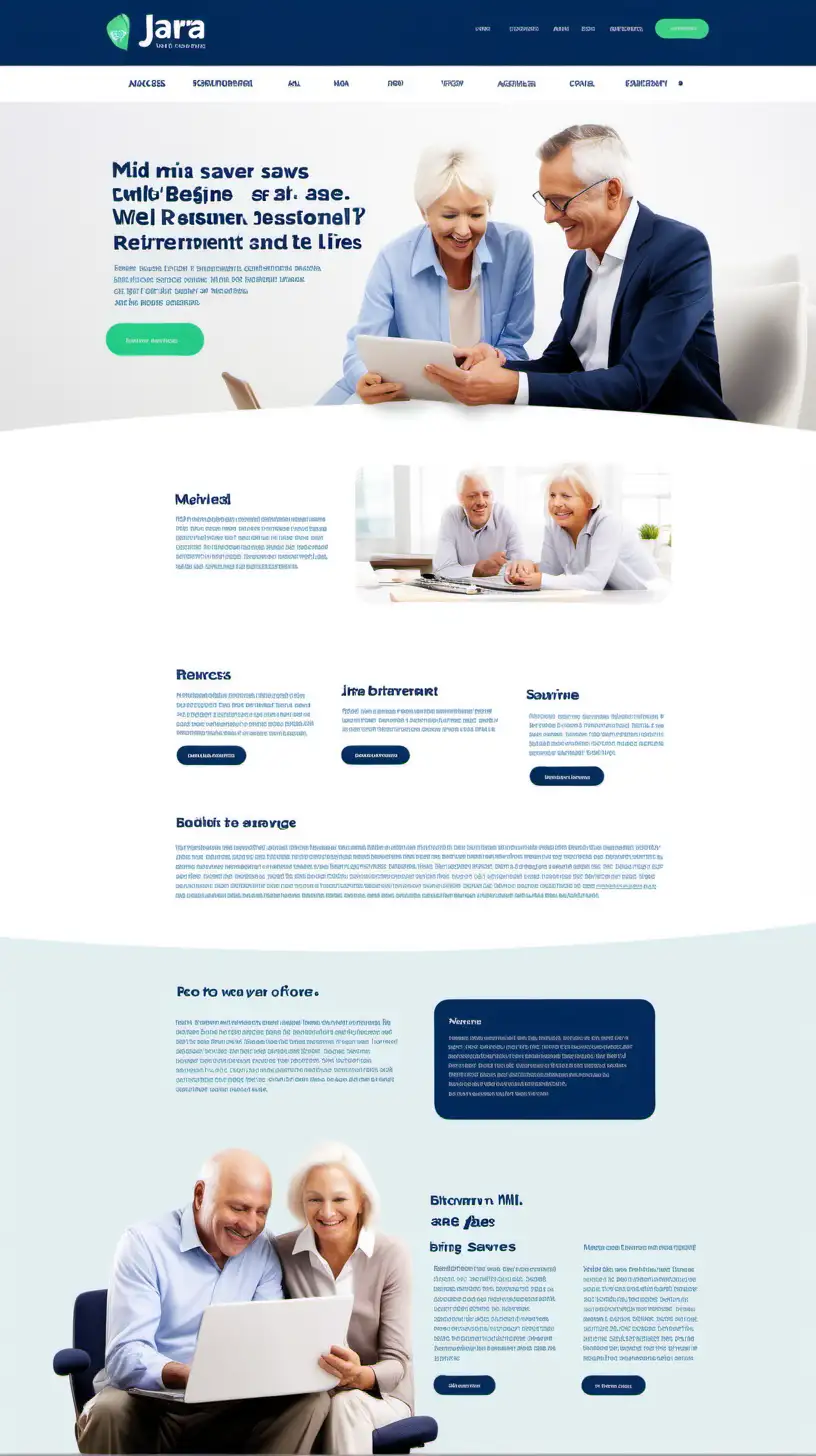 imagine landing page of Jarra, workplace financial well being and retirement saving platform. Platform should be modern, clean and elegant that seamlessly showcase expertise and at the same time how it positivley impacts the lives of savers. The design should include real images of happy mid ages retirement savers, and a section for retirement calculator. The website will also show case employer web platform, and saver mobile app