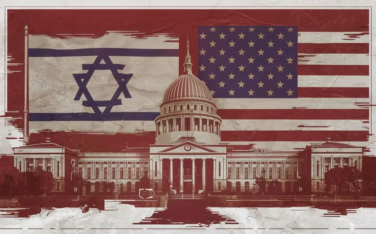 a government israel building background, and merged israel and us flag that are faded all in red brown background