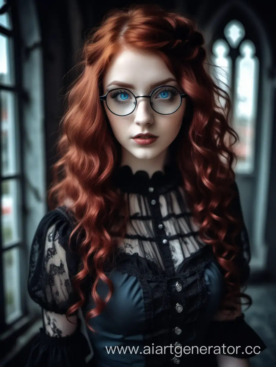 Рыжая девушка с длинными волосами волнистыми, в круглых очках, глаза серо-голубые, одета в короткое платье готичное, фото до пояса