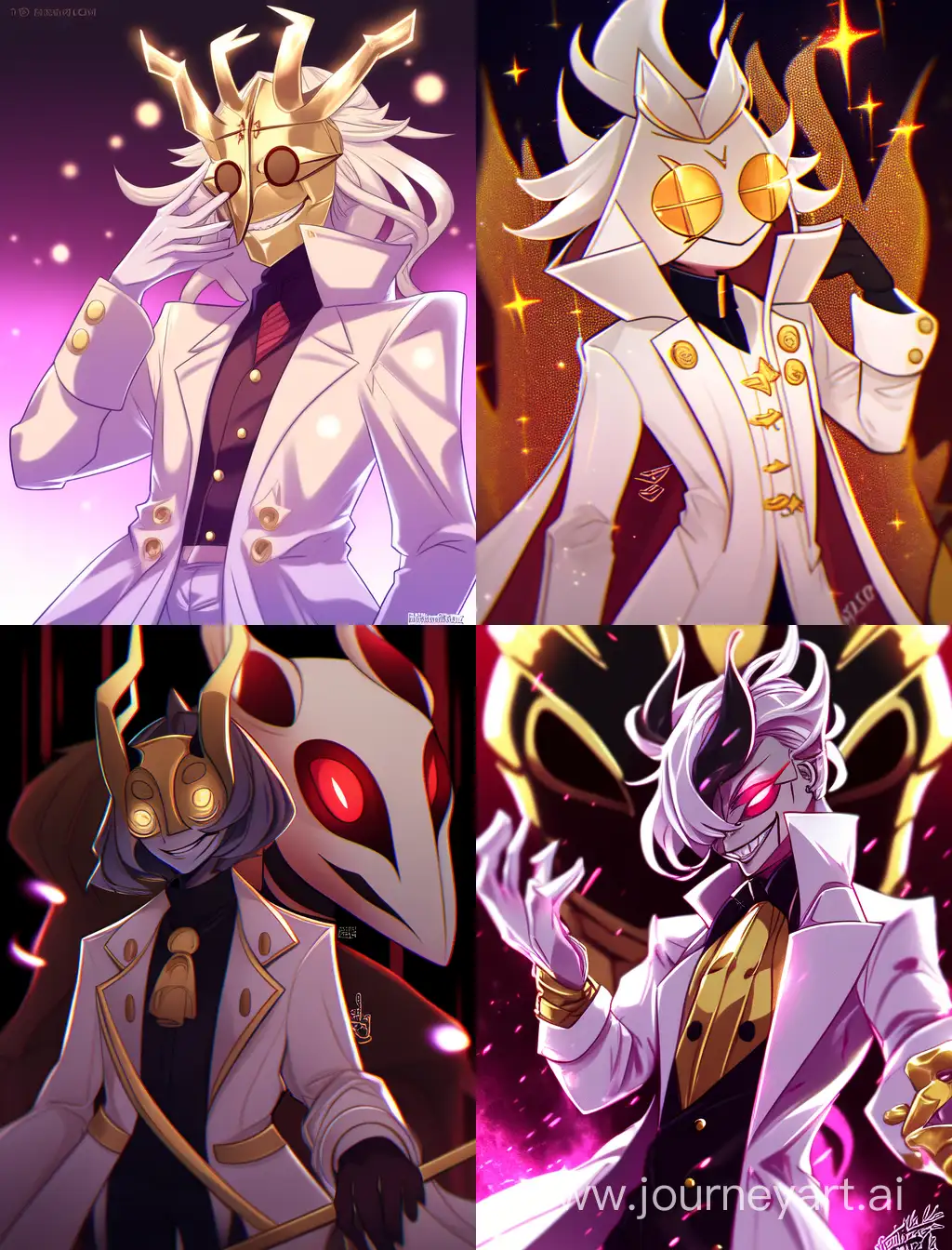  character reference, demon lord, three eyes, crazy smile, hazbeen hotel godness humanization, in science coat, gold mask, white coat