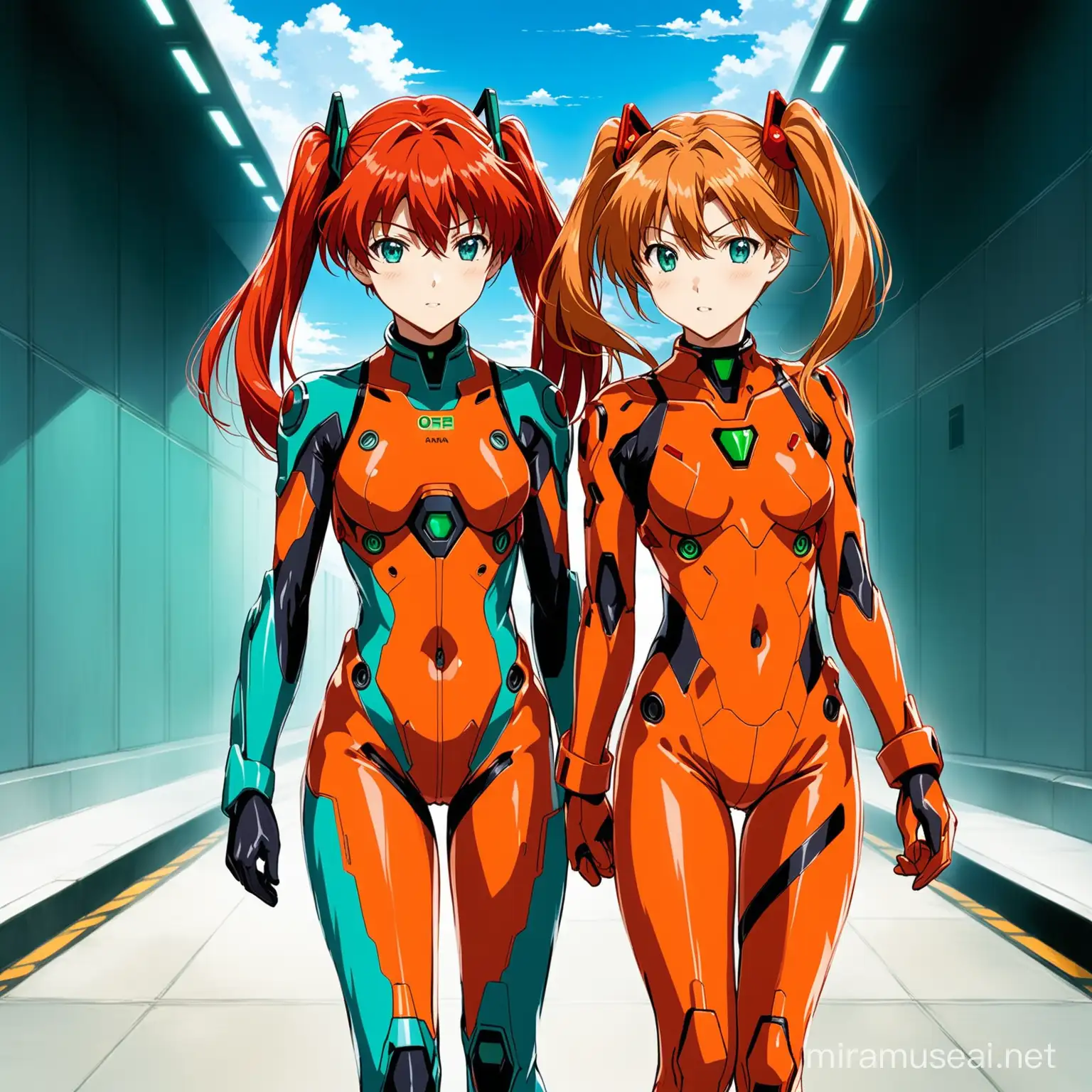 picture of two females walking alongside each other, one of them is is Asuka Langley Soryu from Evangelion Genesis in her iconic orange plugsuit and red hair, the other one is Hatsune Miku with her iconic long teal ponytails and teal tie