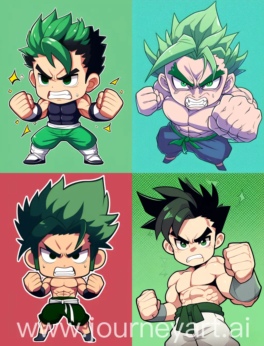 angry chibi anime guy showing muscles, cartoon anime style, with strong lines, with green solid background