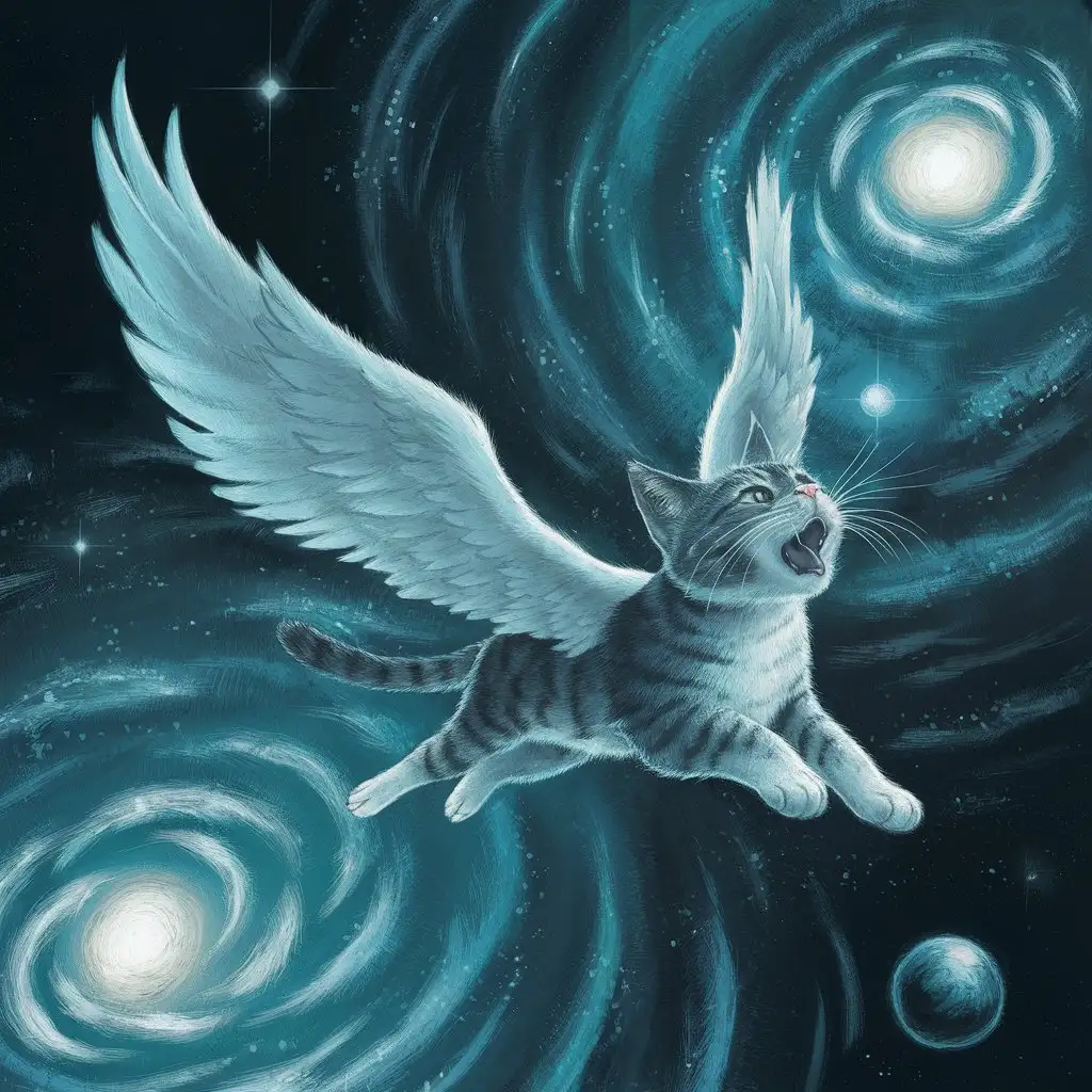 星空背景下，一只长着翅膀的猫飞行在宇宙空间，背后是一片翻卷的恒星，张开嘴