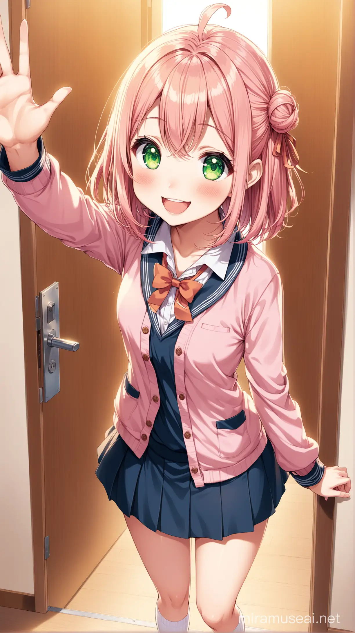 Anime School Girl Greeting with Energetic Wave