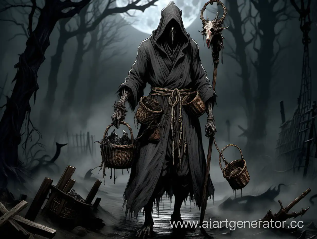 Hermit in rugged and patch robe, face in horrible scars. On his back he wears basket backpack. On his rope belt rusted mug and two small bone charms. In hand wooden staff. Near him two eldrich beasts accompanied him. Bloodborne.