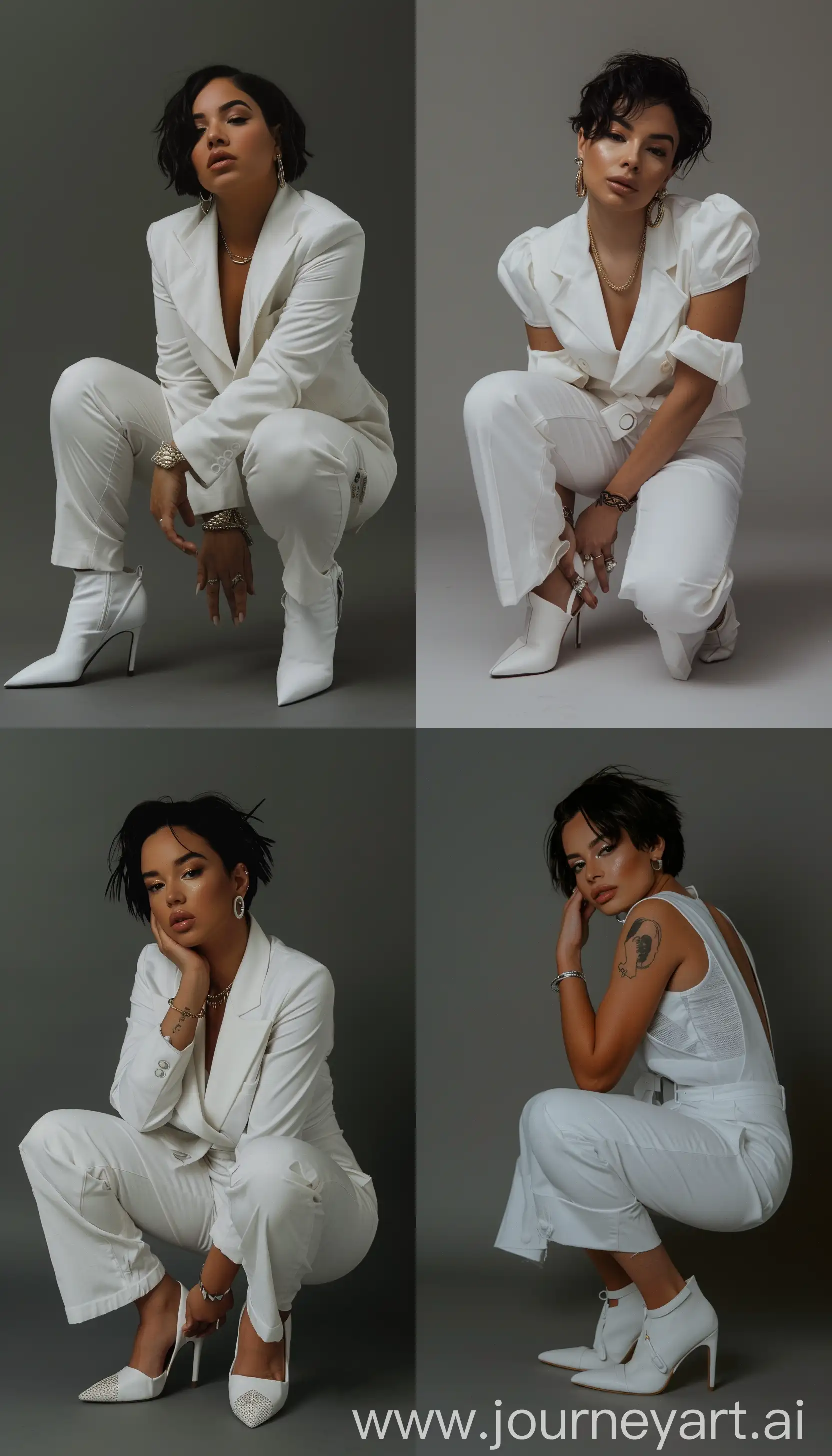 A stylish woman dressed in white crouching for a photo, studio picture, gray background, natural light, olive skin tone, hair styled with gel, full body, white elegant shoes, short black hair --sref https://i.pinimg.com/564x/38/4e/2c/384e2cb51a0908c946b06ab95aebb72e.jpg --style raw --v 6 --ar 4:7 