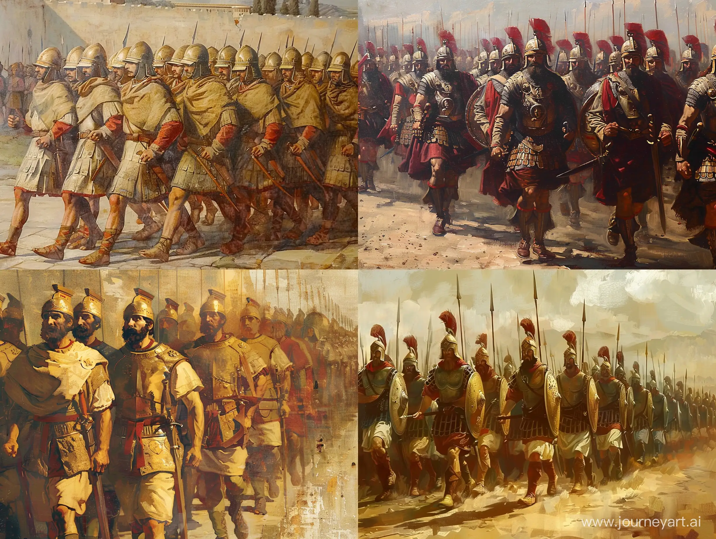 Byzantine soldiers marching to war. Renaissance style, 4k, painting, leonardo davinci style.