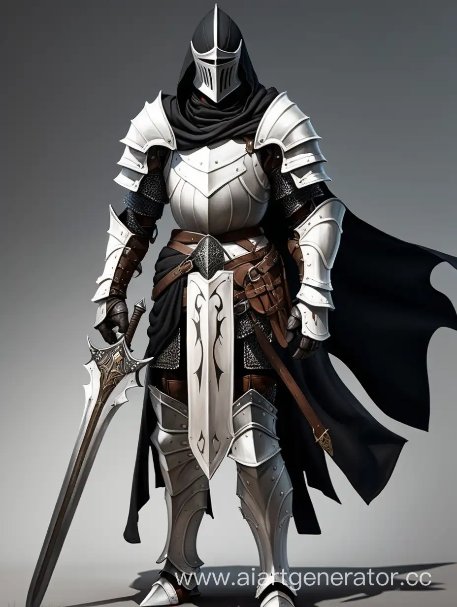 Рыцарь, белые доспехи с элементами тёмной кожи, двуручный меч, тёмный плащ с капюшоном