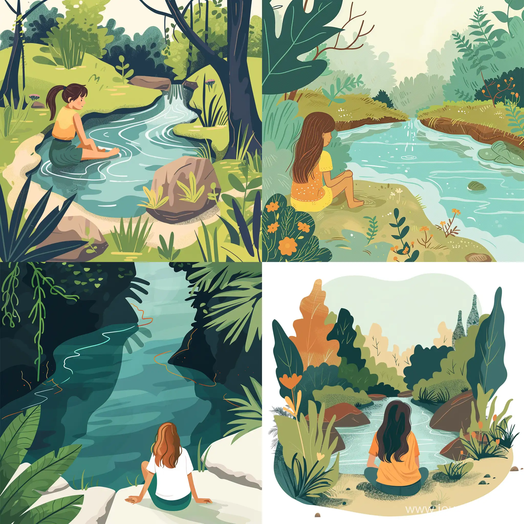 girl sitting by a spring of water, in the style of a children book illustration, in flat style