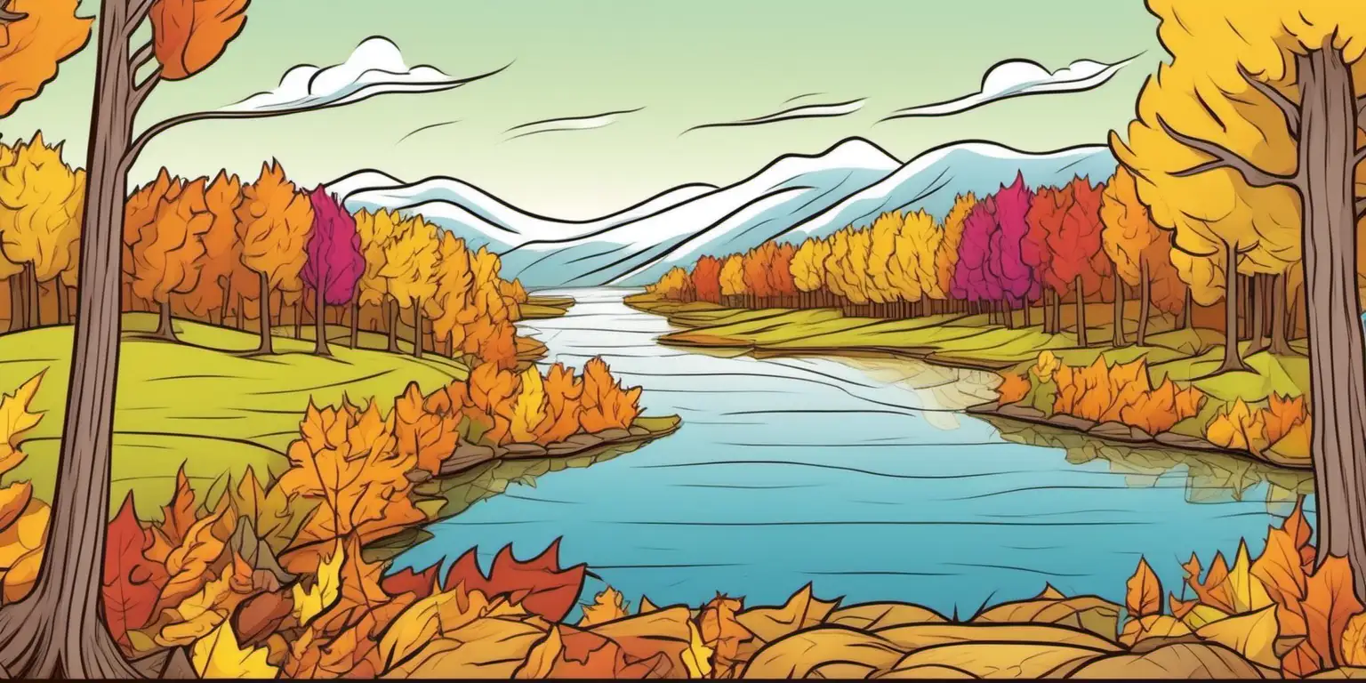 Vibrant Cartoon Illustration of a Serene Autumn Lake