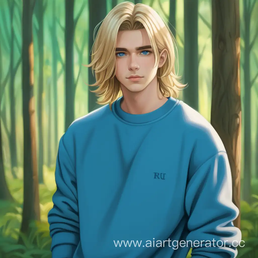 Blond-Guy-in-Blue-Sweatshirt-Amidst-Serene-Forest-Setting