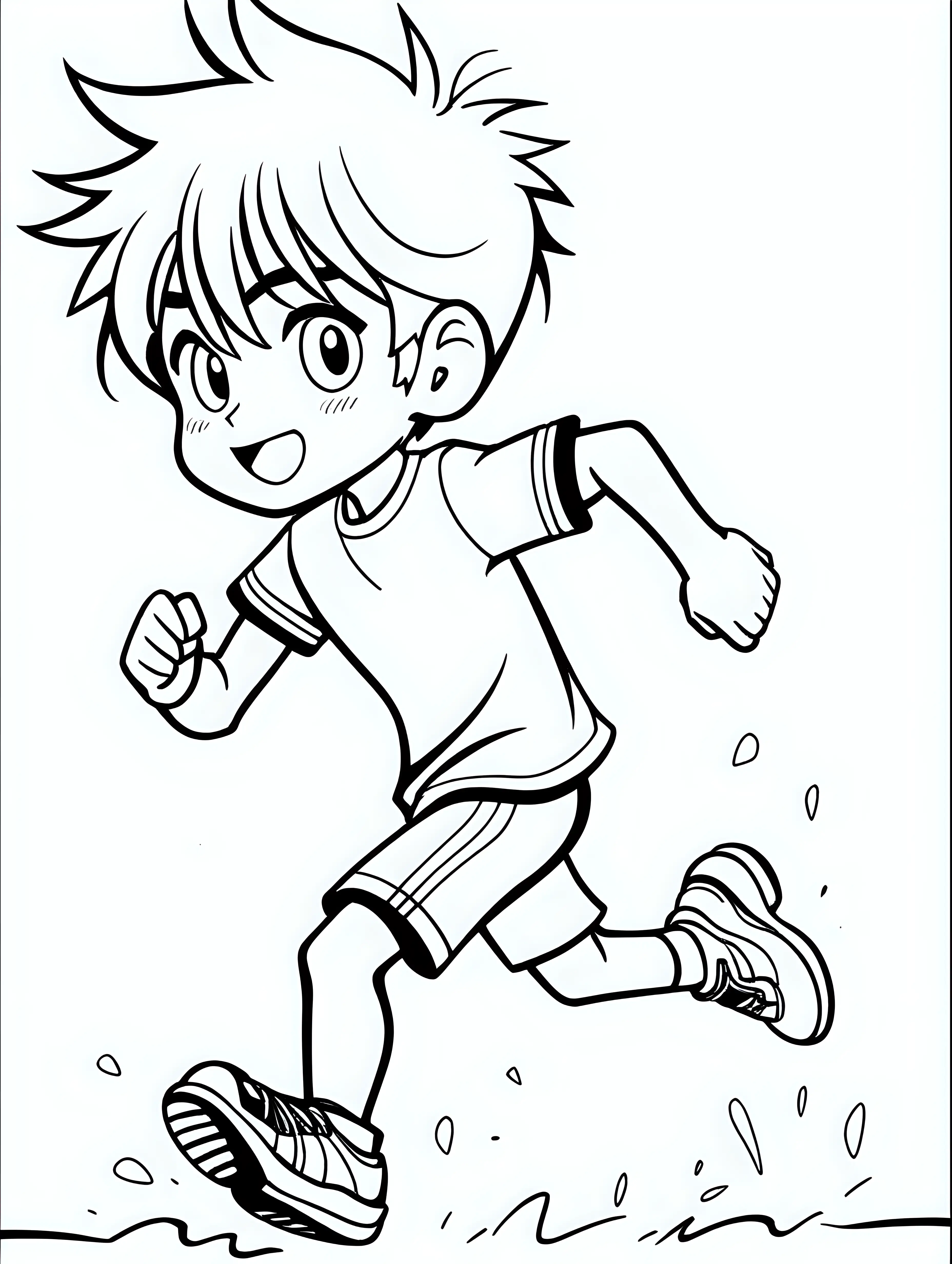 Coloring page for kids, cute manga boy running, black pages white background 