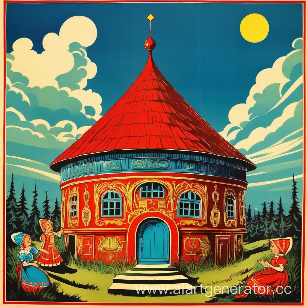 Russian-Fairy-Tale-Teremok-Vibrant-Theater-Poster-Featuring-a-Brightly-Colored-FairyTale-Hut-Against-a-Blue-Sky