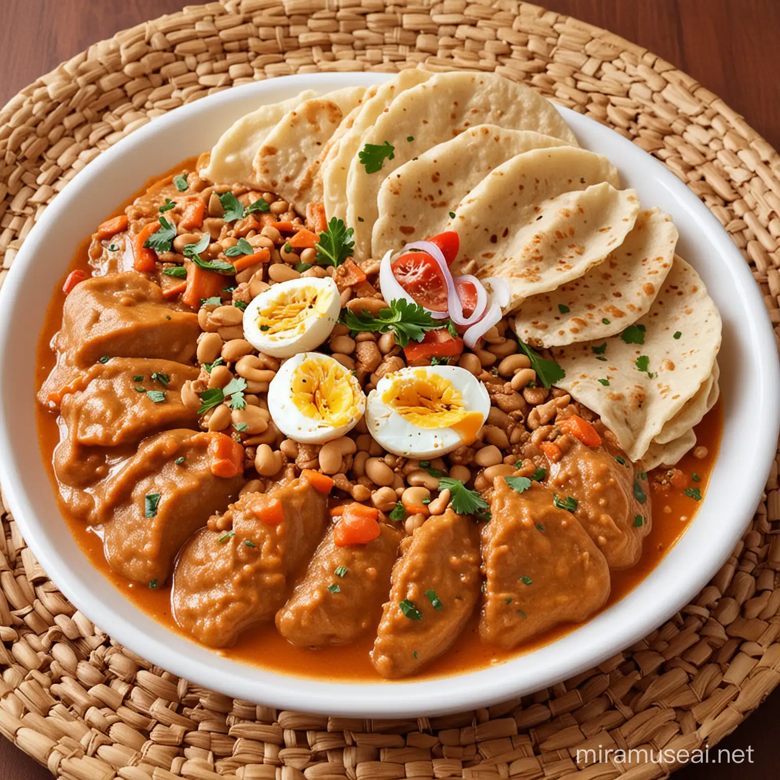 Ifa Ulganda Kikomando meal made with gnut (peanut) sauce, with creamy and nutty flavor. The dish would likely consist of chapati torn into pieces, topped, fried eggs,chopped carrots,  and then drizzled or mixed with a thick and rich peanut sauce made from ground peanuts, onions, tomatoes, and spices. The peanut sauce would add a savory, slightly sweet, and nutty taste to the dish, enhancing its overall flavor profile. It's a delicious variation of the traditional Kikomando meal, adding another layer of richness and depth to the dish.