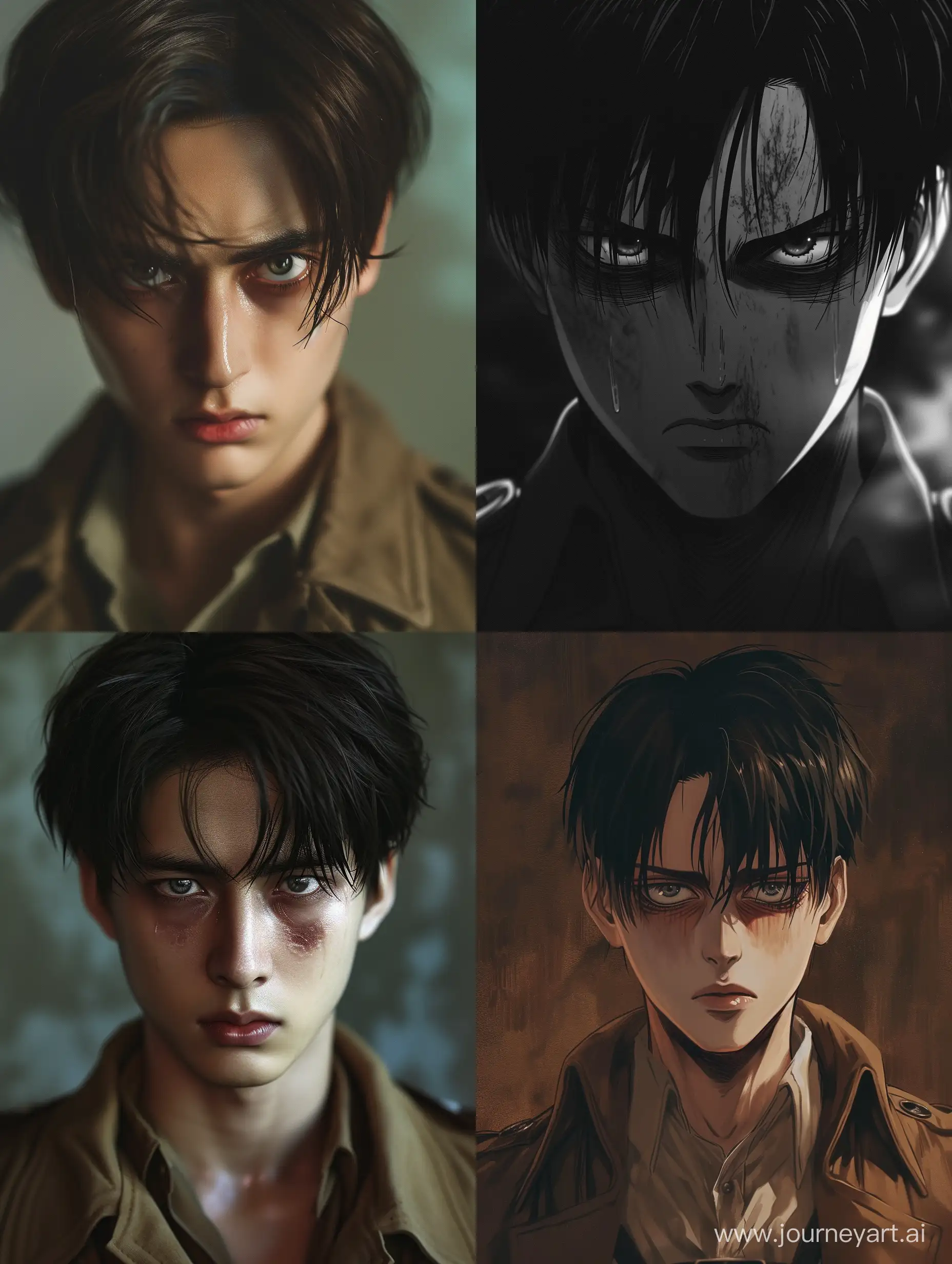 Photographic Levi Ackerman from Attack on Titan, in his 30s, with normal dark circles, slight mocking smirk, narrow bored eyes with prominent whites, high lids