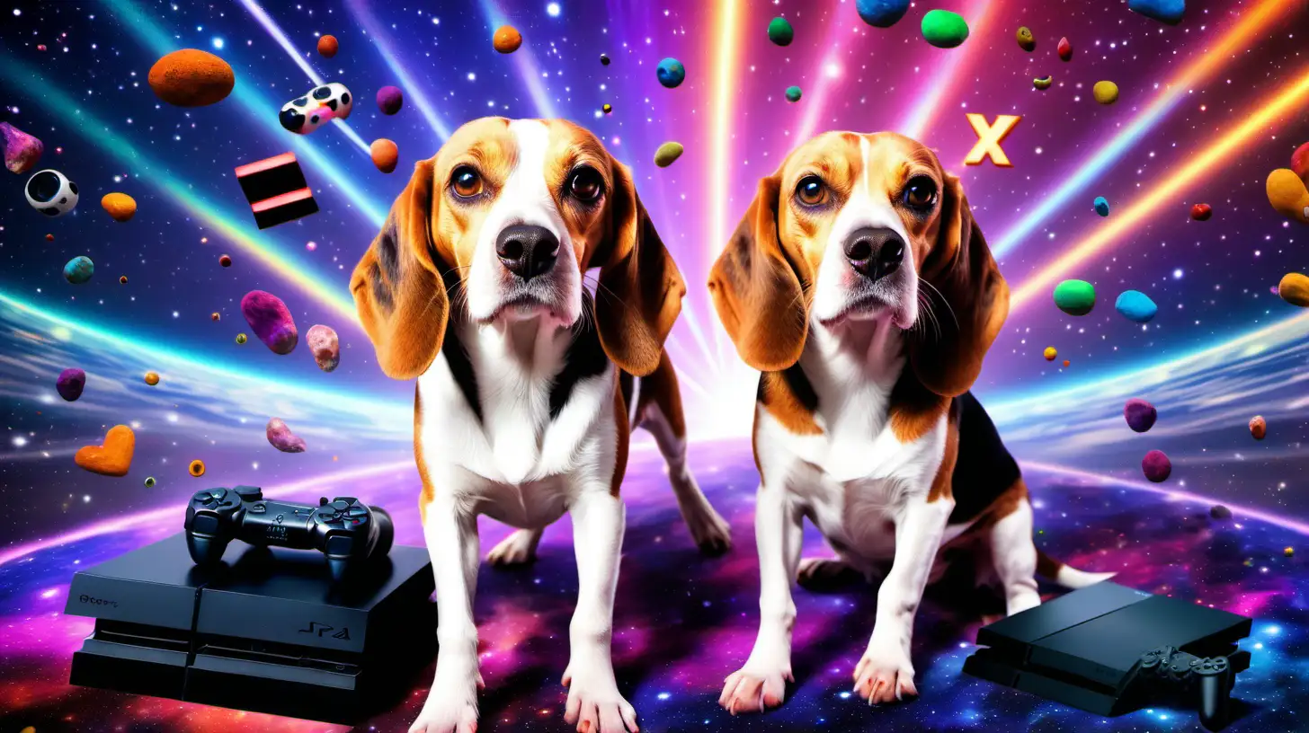 two beagles in a psychedelic galaxy playing playstation games