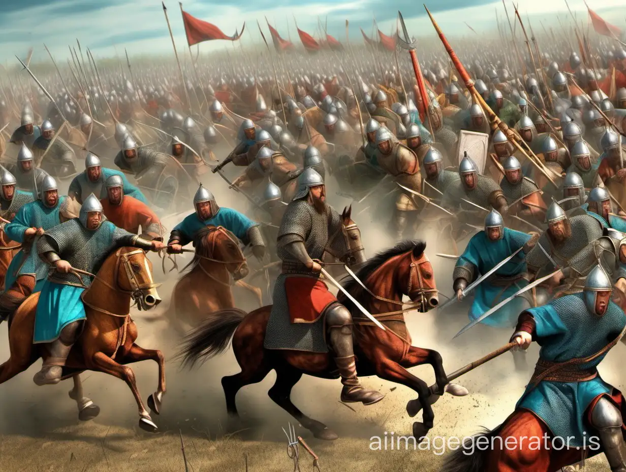 Battle of the armies of Ancient Rus against the Tatar Mongols in the 12th century, close-up, picture like in a history textbook, juicy picture, 16K HDR, well-drawn