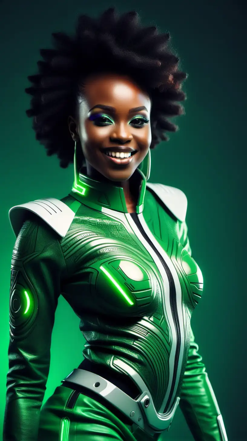 Smiling beautiful african lady in green futuristic outfit