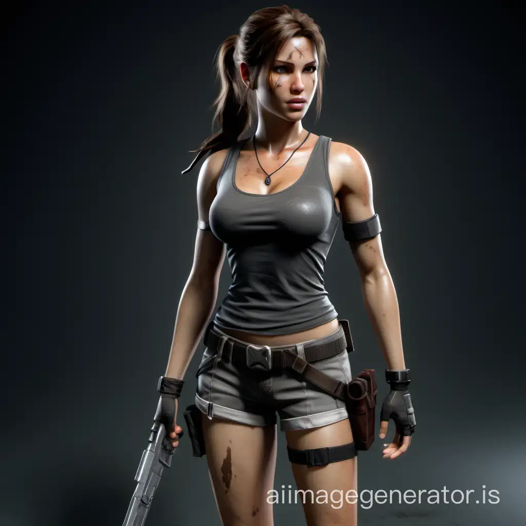 Young girl Lara Croft, in a black dress with a large bust, changed into a gray tank top and shorts