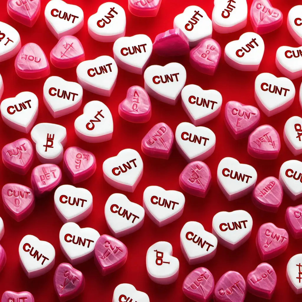 Valentines heart candy with the word “cunt” on them