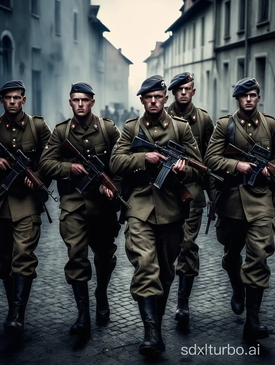 Cinematic image of five european soldiers