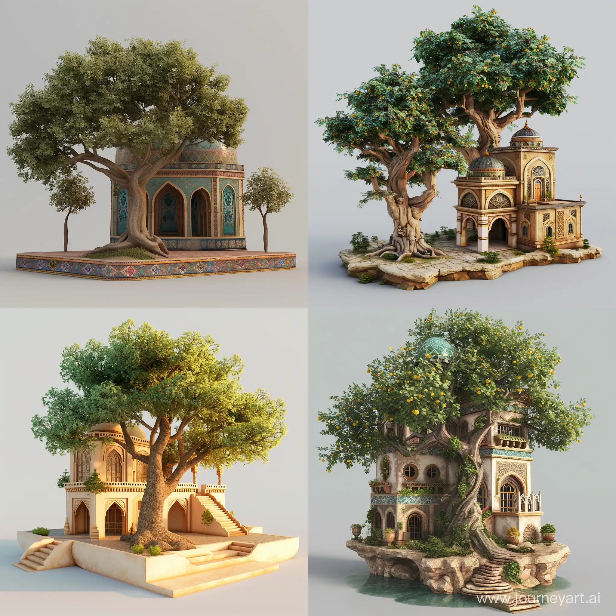 /imagine stylized 3d model tree building persian themed