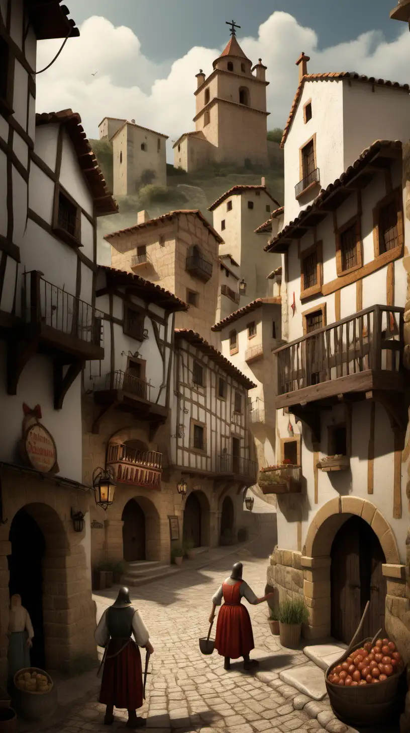 Illustrate a bustling medieval Spanish village, showcasing daily life during the era when the surname Rodriguez was becoming prominent.