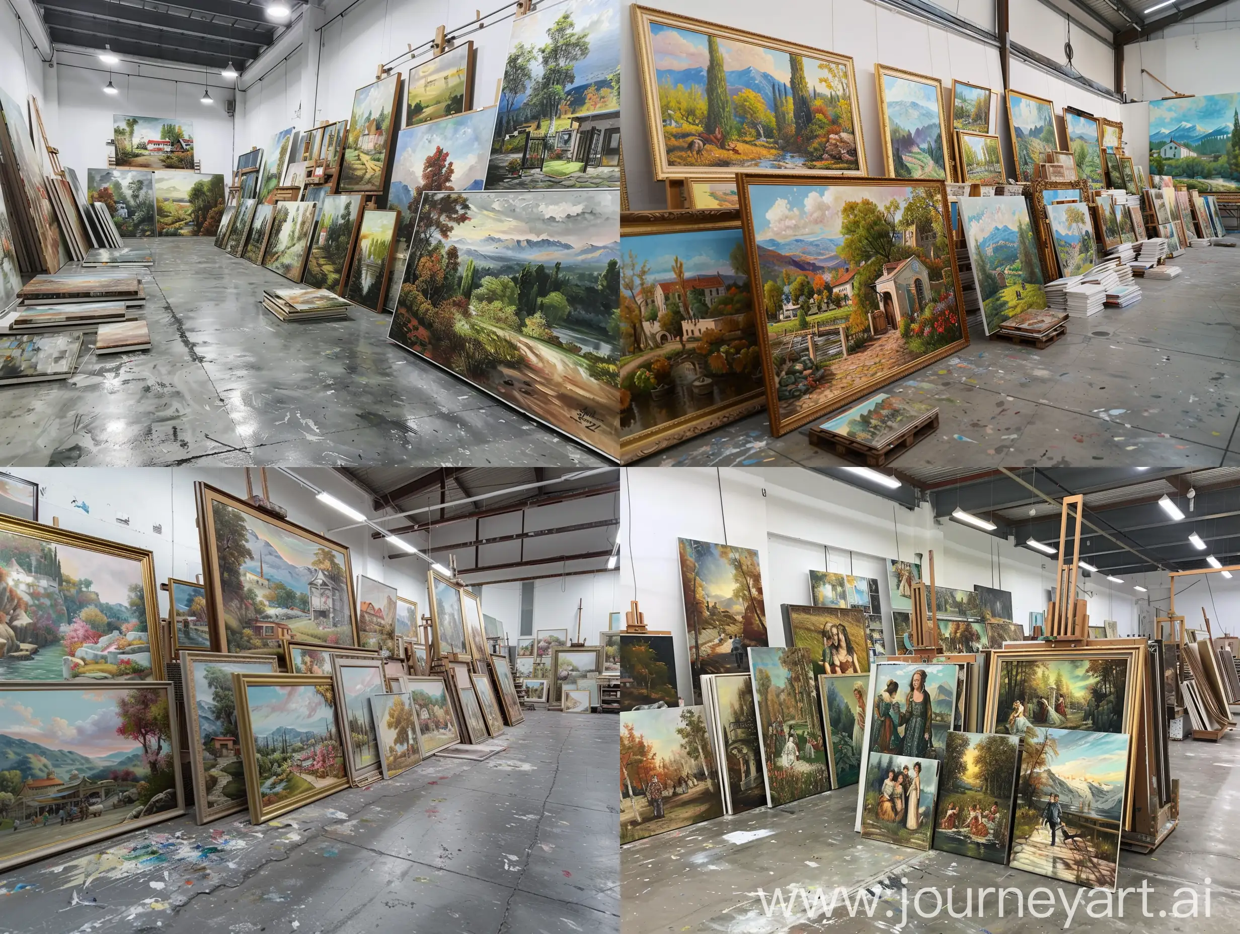 (((Super large oil painting studio))),(((A large number of hand-painted oil paintings))),((Arranged in an orderly manner)),((Cement matte floor is clean and non-reflective)),(Real, 8K resolution image quality, panoramic), 