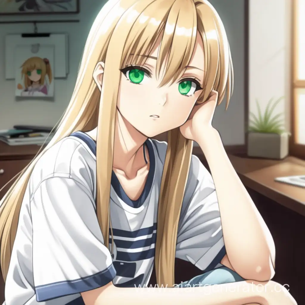 girl, long straight blonde hair, green eyes, casual clothes, she's sitting in a room, anime style.