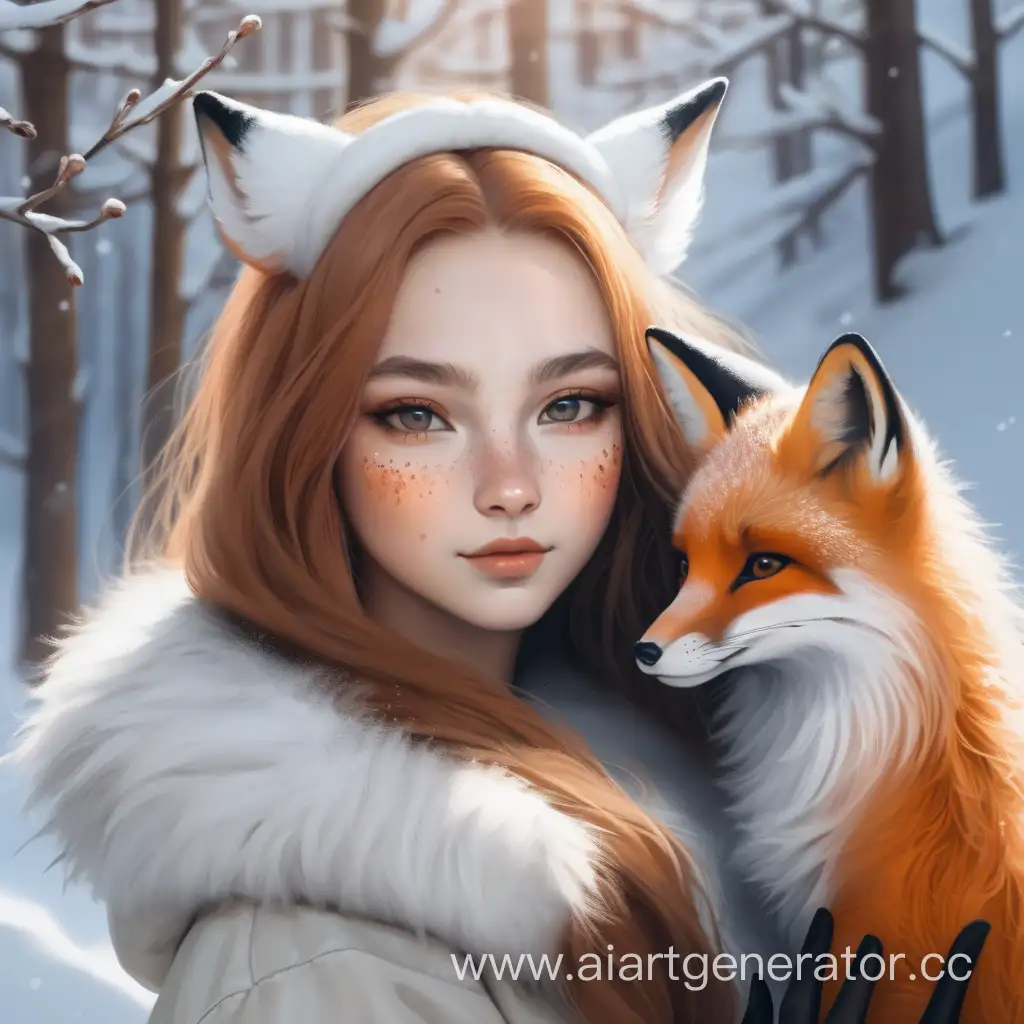 Девушка-лисица без макияжа, натуральный цвет кожи, с лисой в руках. Снежные тона