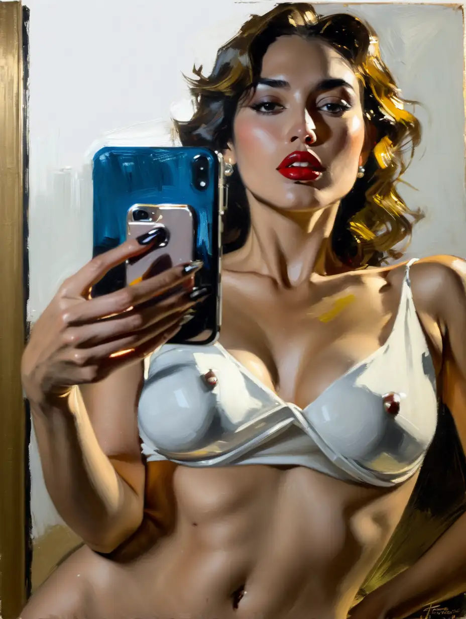 Luxurious Parisian HalfMixed Woman Courtesan Captures Selfie in Mirror Expressionist Night Scene