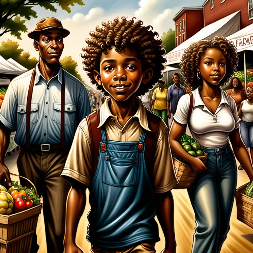cartoon ernie barnes style african american 10 year old boy with curly hair leaving the farmer's market with his parents
