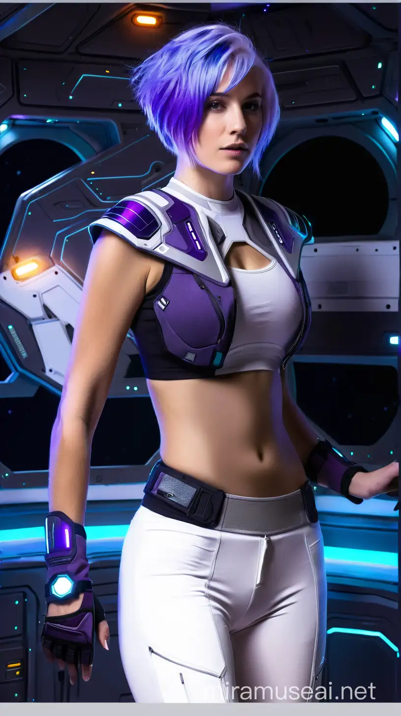 beautifull  white woman with violett hair and free midriff in a space ship