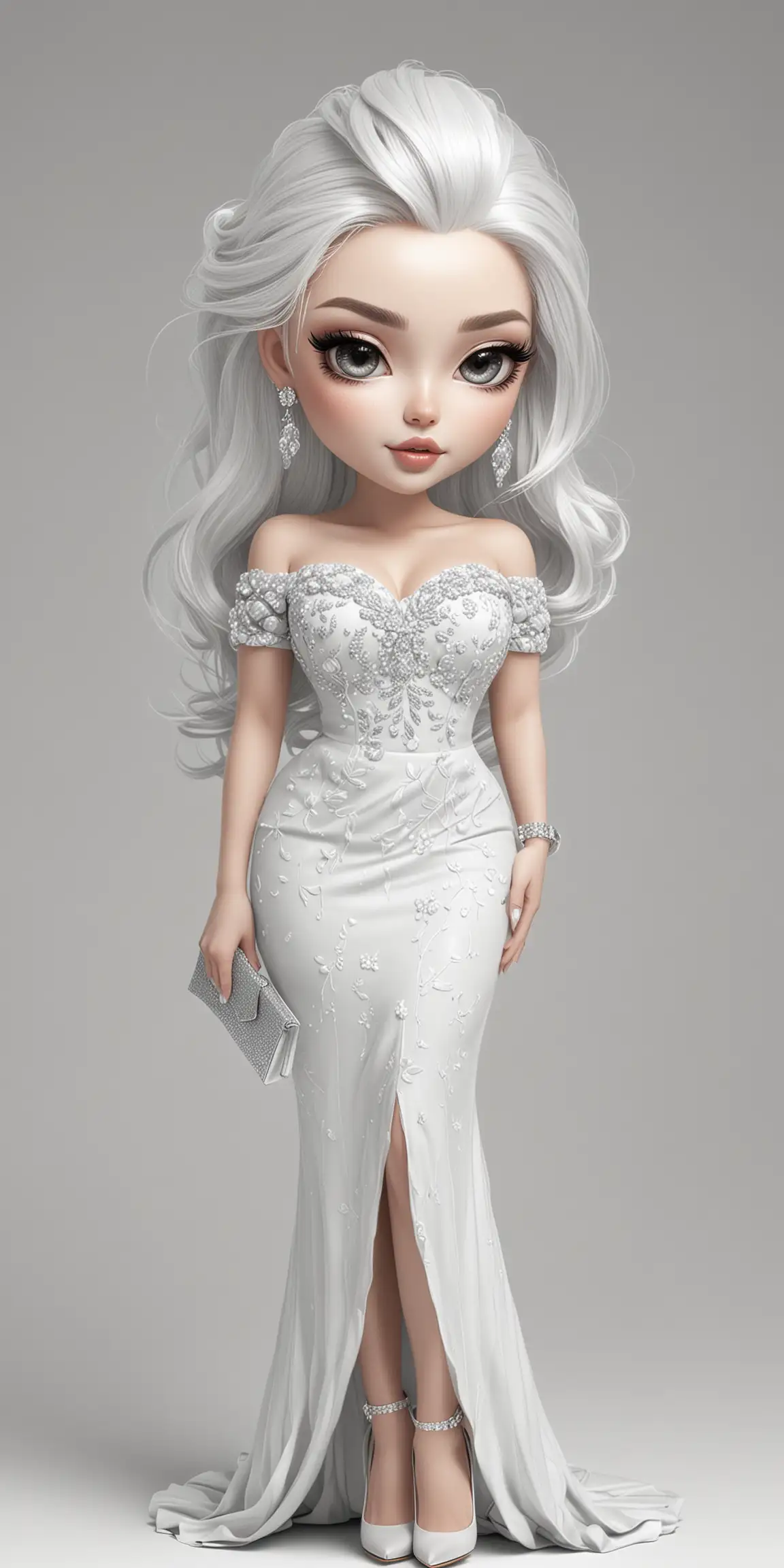 Black and white illustration, Beautiful  woman with white hair, chibi style, long hair, elegant, wearing an off-the-shoulder evening dress, plump lips, big almond eyes, shimmering make up, full length , high heels, white background, black and white, light grayscale , wearing jewelry, jewelry in hair, holding a clutch purse
