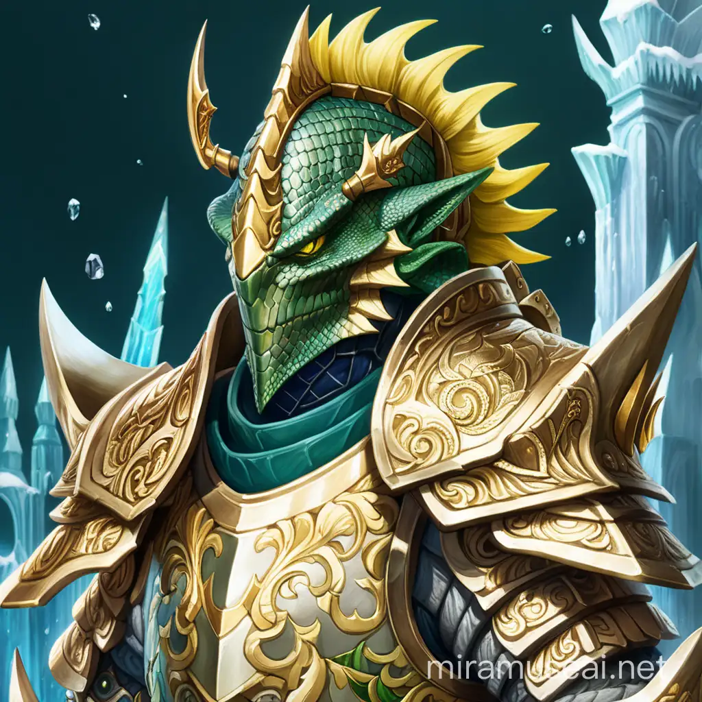 a man with scaly green skin, yellow eyes, and fins along the top of his head. he is wearing an ornate gold plate armor and an icy greatsword. 