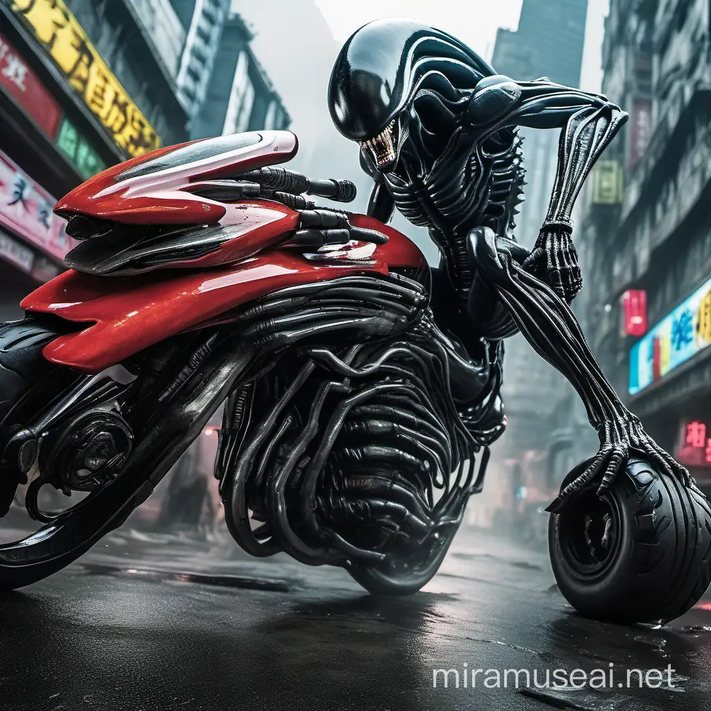 Xenomorph on Futuristic Motorcycle in NeonLit Urban China